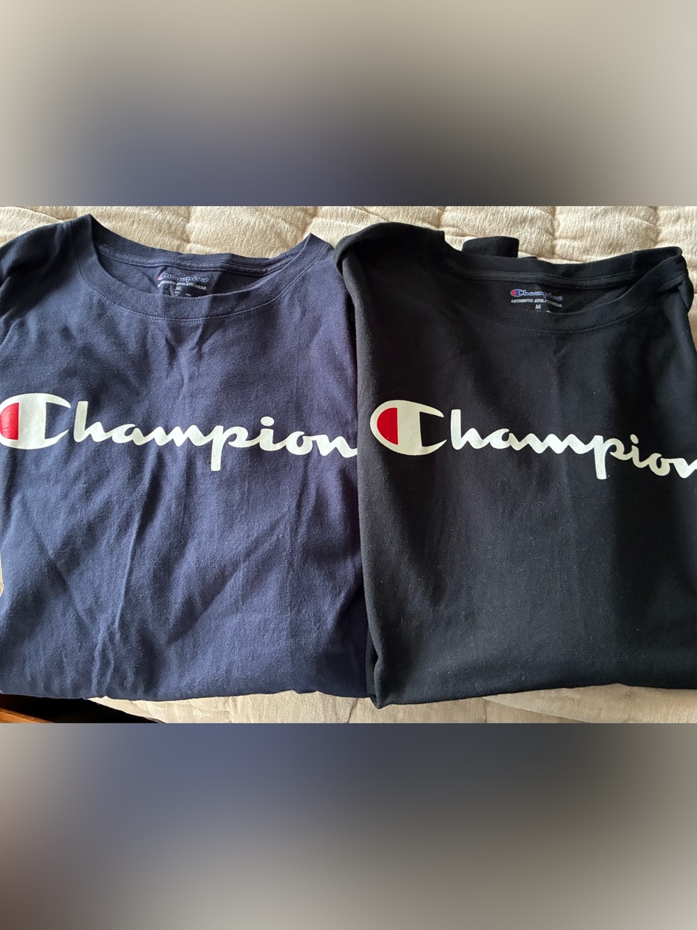 Lot of 2 Champion Script Logo Long Sleeve T-Shirts One Navy & One Black Size Med